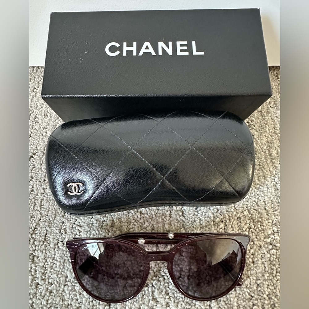 CHANEL Burgundy Acetate Butterfly Pearl Sunglasses 5394-H